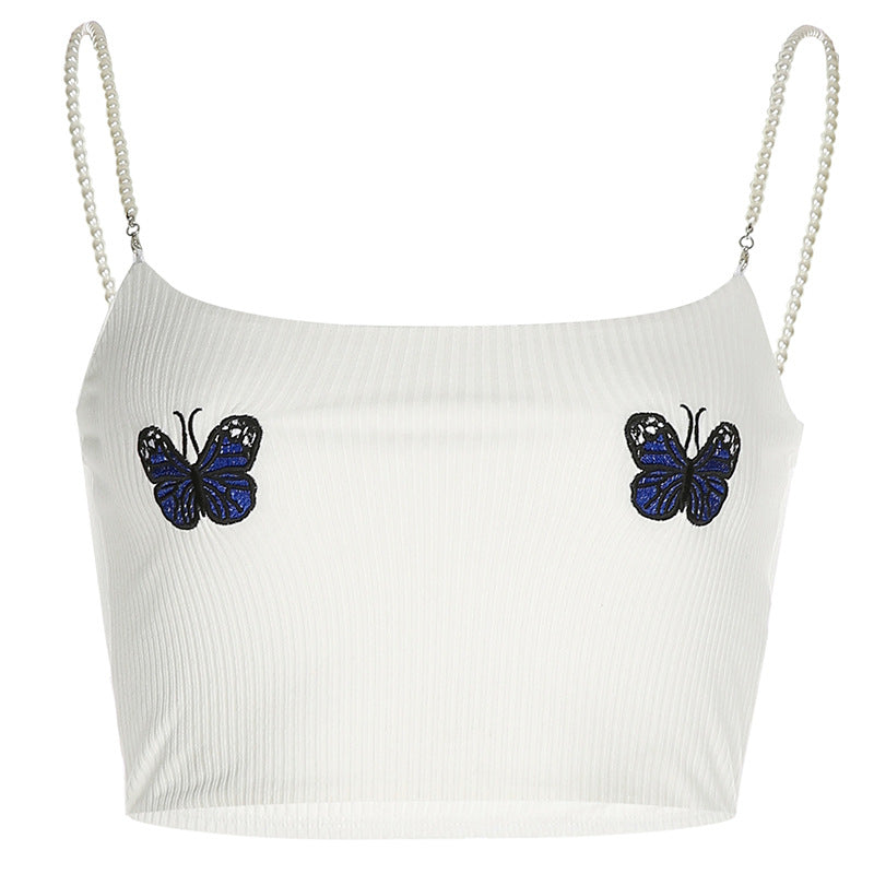 Fashion Slim Fit Pearl Strap Butterfly Embroidery Tank Top