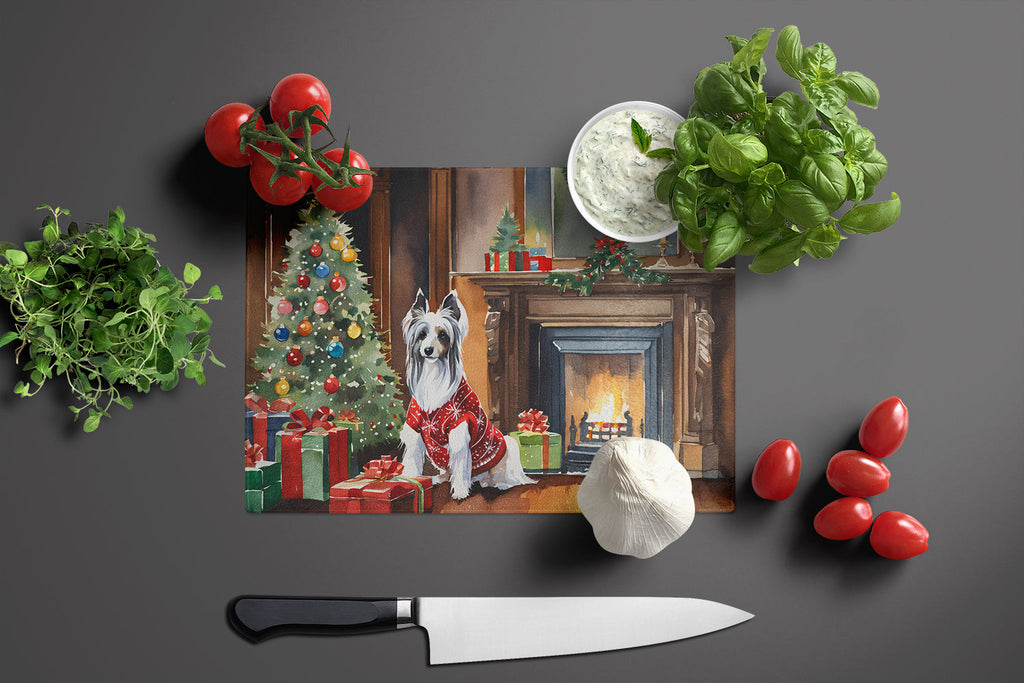 Chinese Crested Cozy Christmas Glass Cutting Board