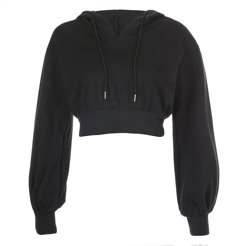 V-neck Hooded Jacket in Solid Color with Loose Fit