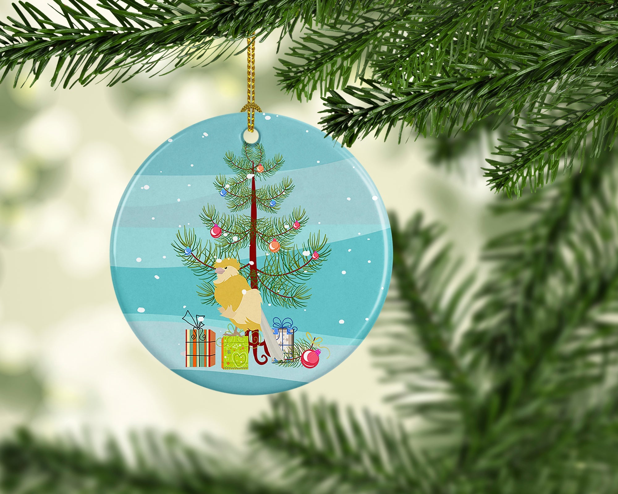 French Curly Canary Merry Christmas Ceramic Ornament