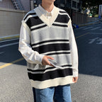 Korean Loose Striped V-neck Sweater for Men