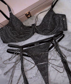 Fashionable Lace Bralette Set with Rhinestones (3 Pieces)