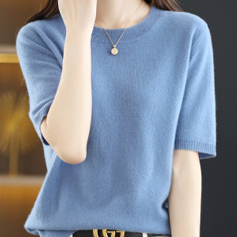 Women's Slim Fit Short-Sleeve Wool Cotton Blend Sweater