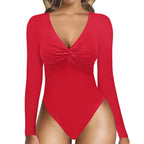 V-Neck Long Sleeve Knotted Bodysuit for Yoga Fitness