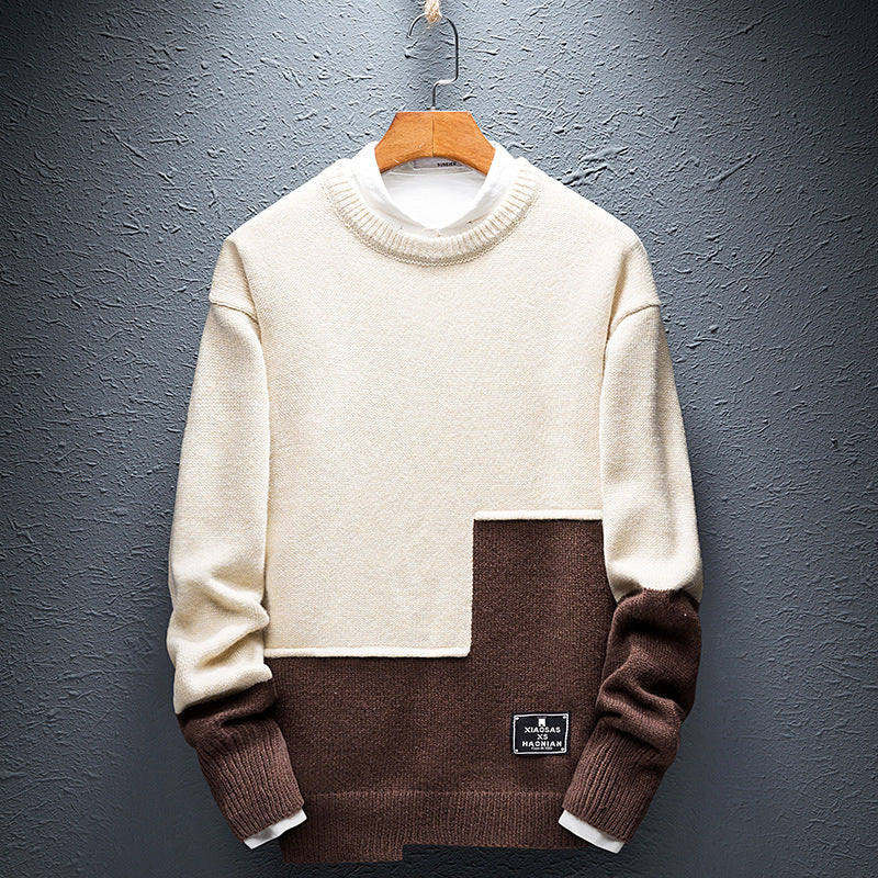 Personality Stitching Men's Round Neck Knit Sweater