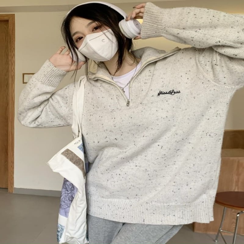 Gentle College Polka Dot Embroidery Polo Sweater Women