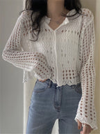 Hollow Ice Silk Long-sleeved Knitted Cardigan for Women