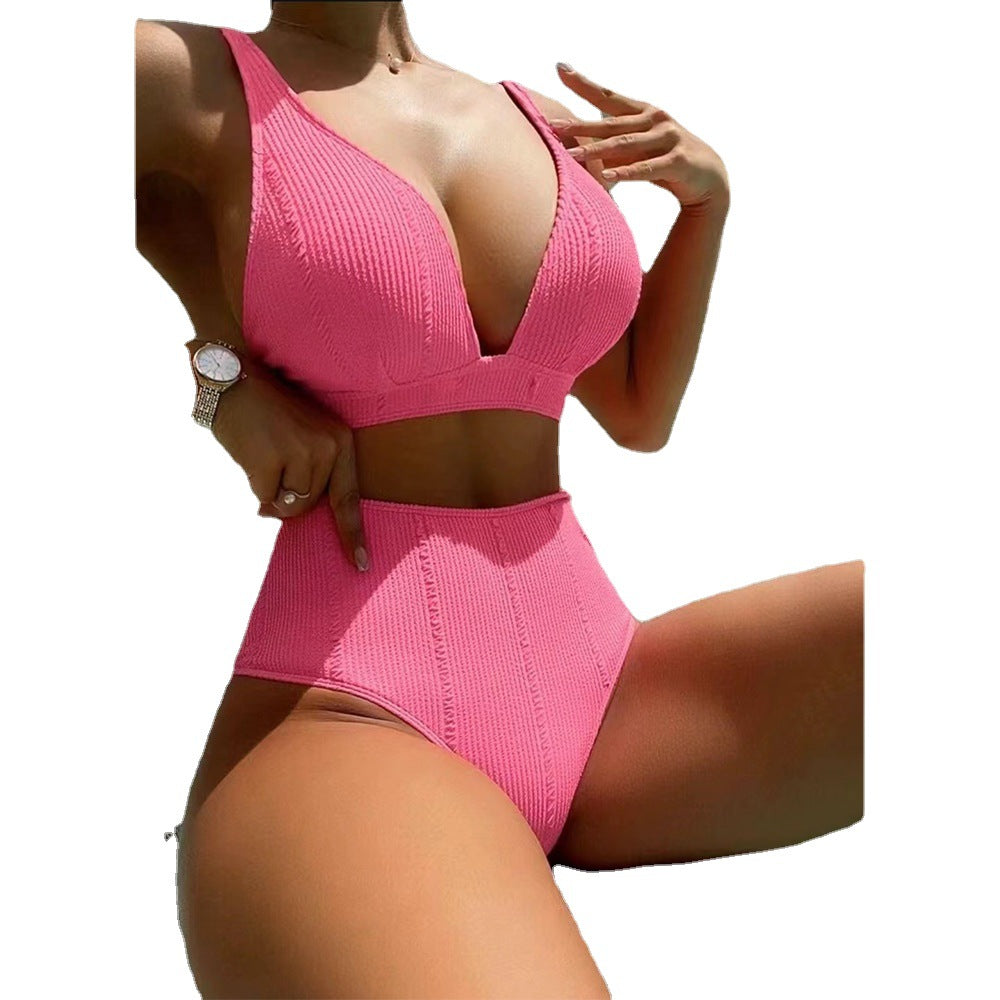 2023 High Waist Sexy V-Neck Bikini Set in Solid Color