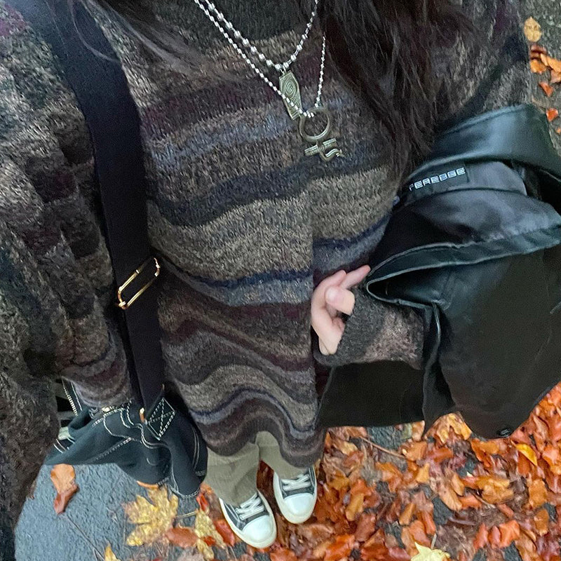 Preppy Grunge Retro Striped Knitted Sweater for Autumn