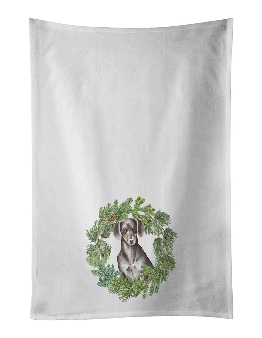 Dachshund Black and Tan Christmas Wreath Kitchen Towel Set of 2