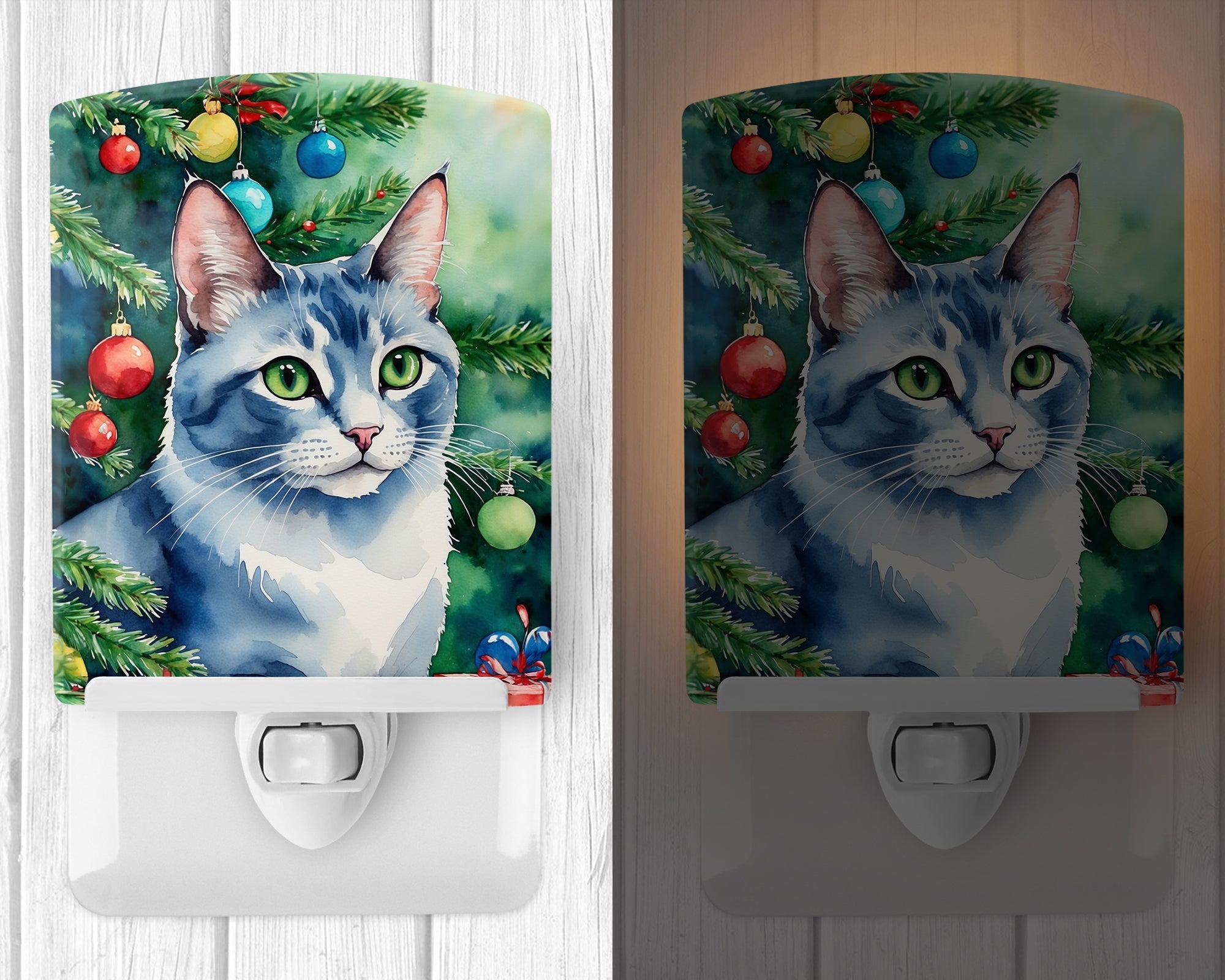 Ojos Azules Cat By the Christmas Tree Ceramic Night Light