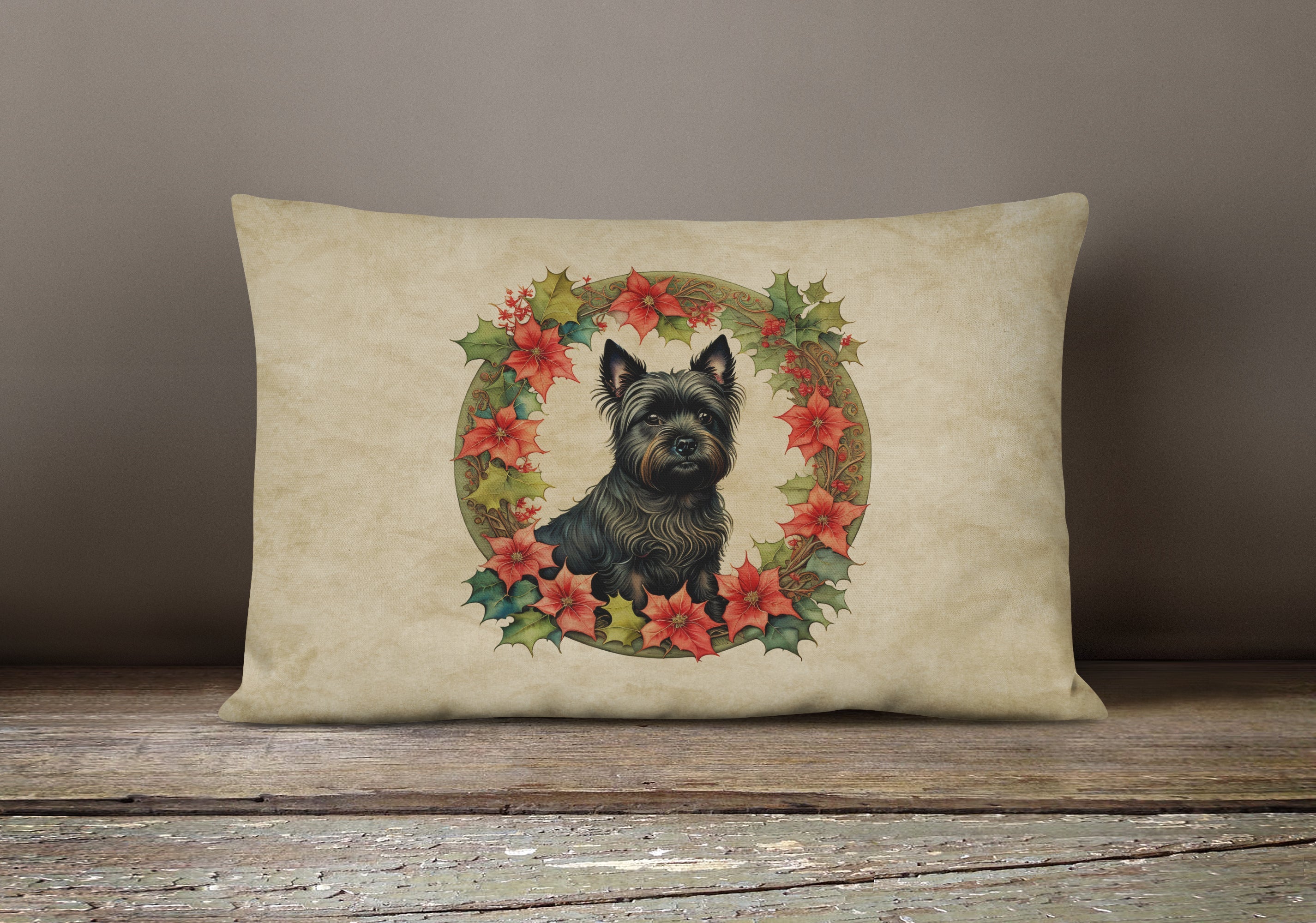 Cairn Terrier Christmas Flowers Throw Pillow