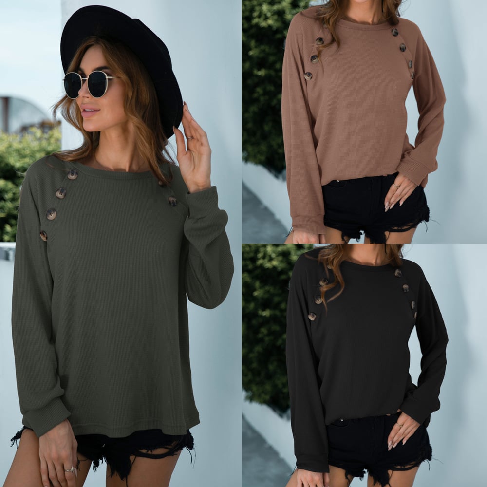 New Crew Neck Button Decorated Long Sleeve Sweater