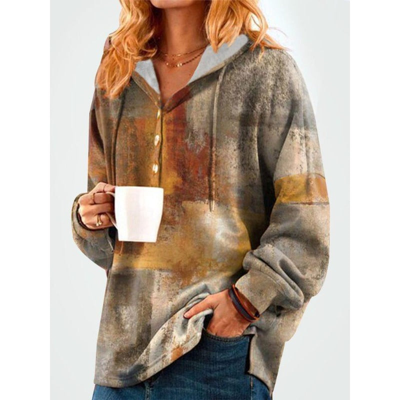 Elegant Long Sleeve Button Hooded Shirt Sweatshirt for Women | Streetwear