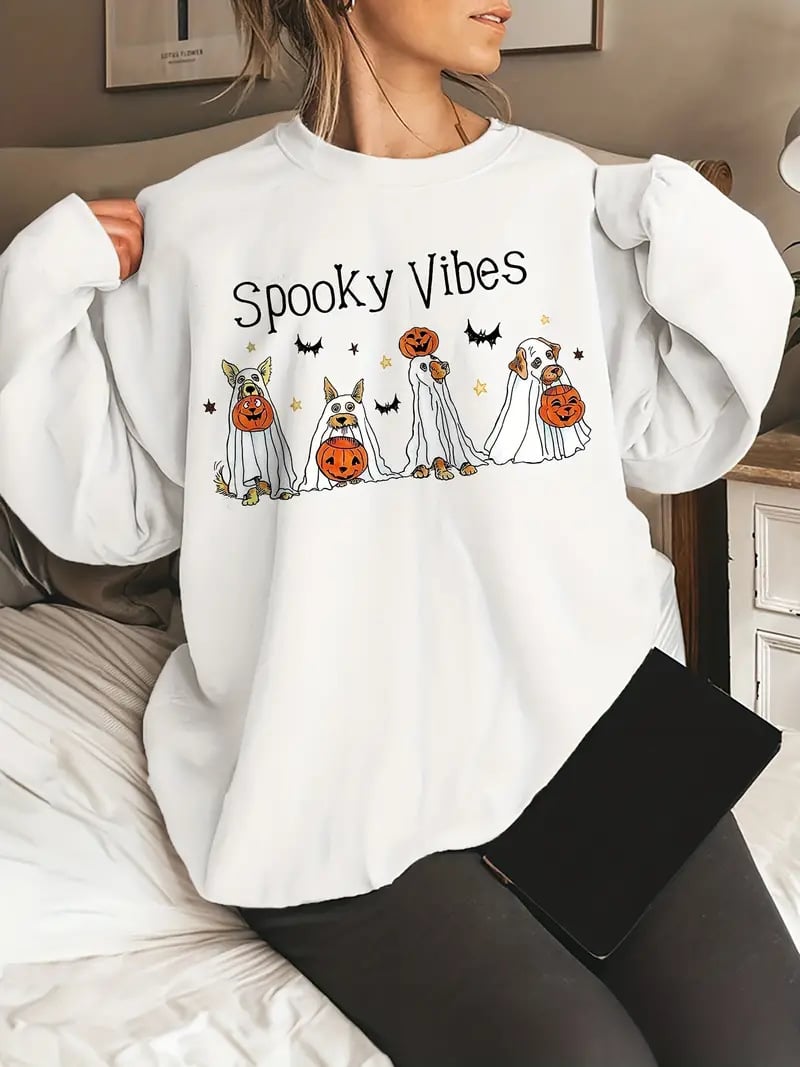 Halloween Dog Print Long Sleeve Casual Sweatshirt | Streetwear