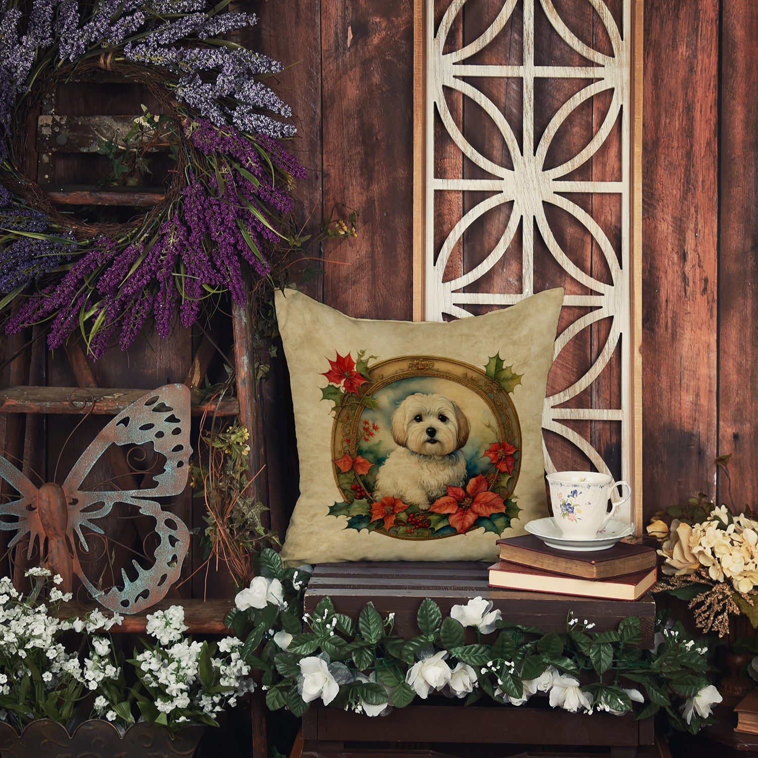 Coton De Tulear Christmas Flowers Throw Pillow