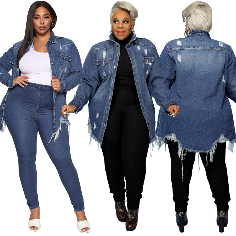 Women's Ripped Denim Trench Coat Cardigan