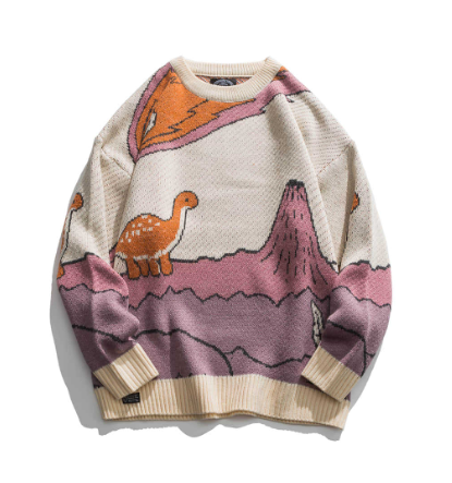 Loose Fit Patterned Jacquard Round Neck Sweater