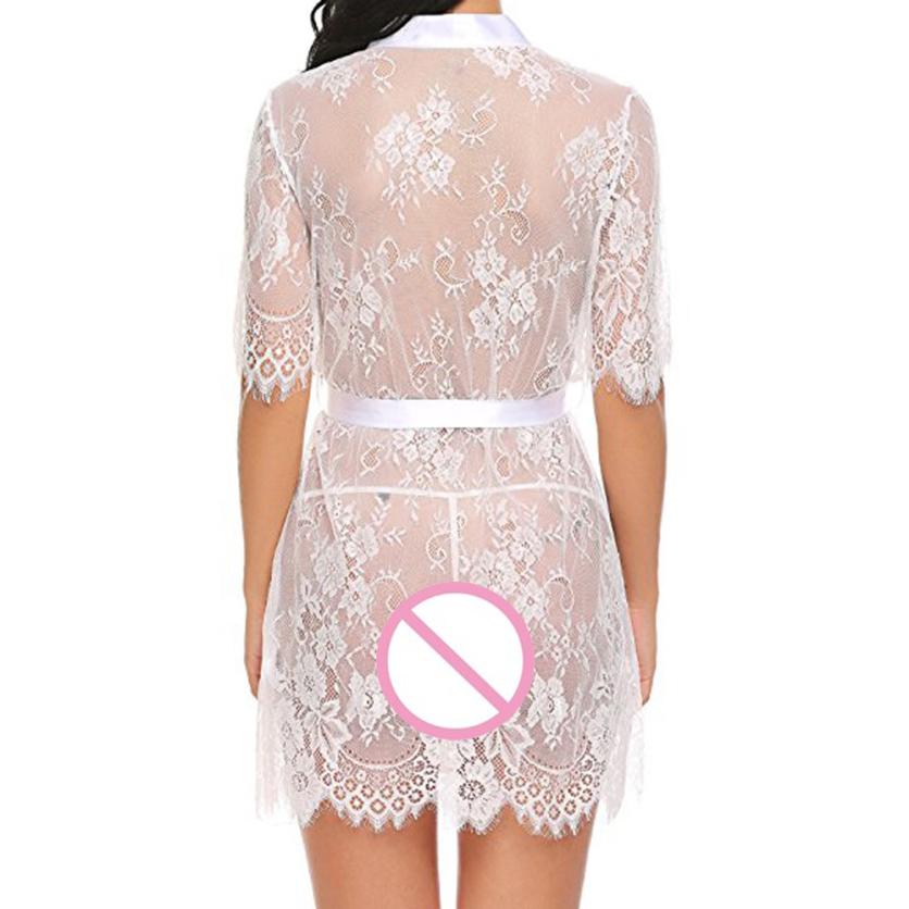 Lace Deep V-Neck Robe with Tie, Lingerie Nightgown