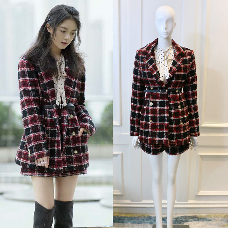Plaid Tweed Jacket and High Waist Shorts Set for Women