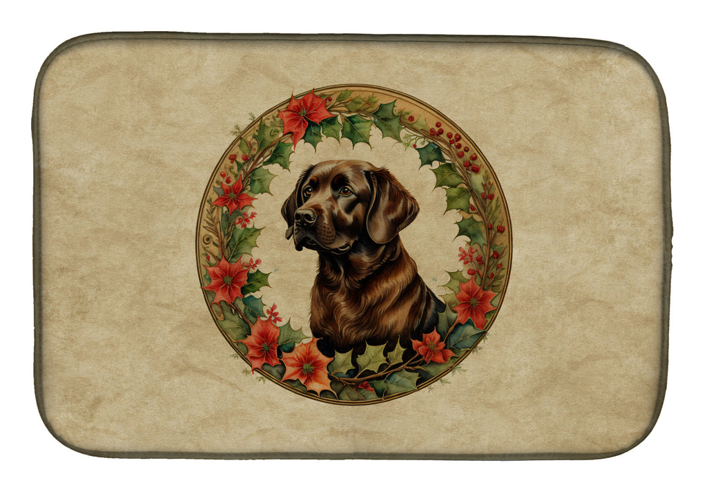 Labrador Retriever Christmas Flowers Dish Drying Mat