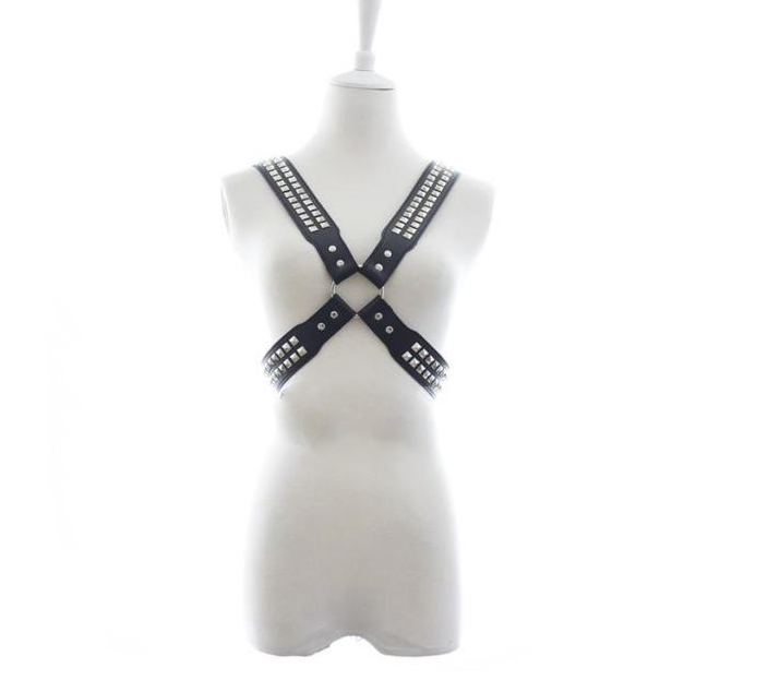 Black Leather Bondage Bodysuit with Steel Studs