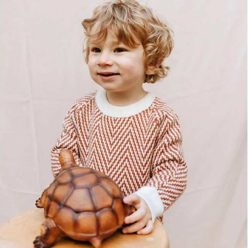 Children's Round Neck Pullover with Christmas Wave Pattern