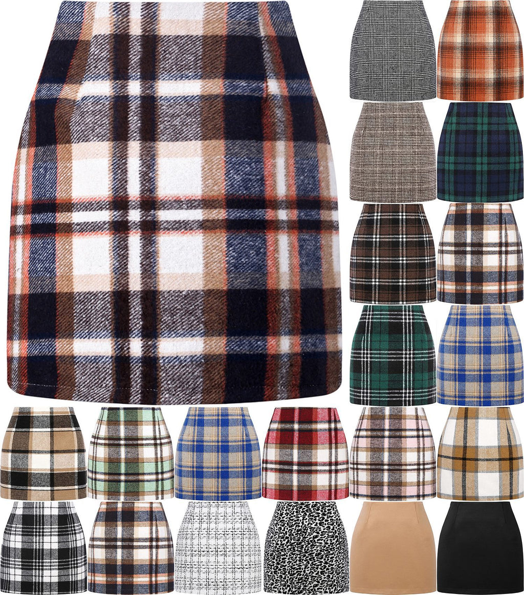 High Waist Plaid Wool Pencil Mini Skirt for Women