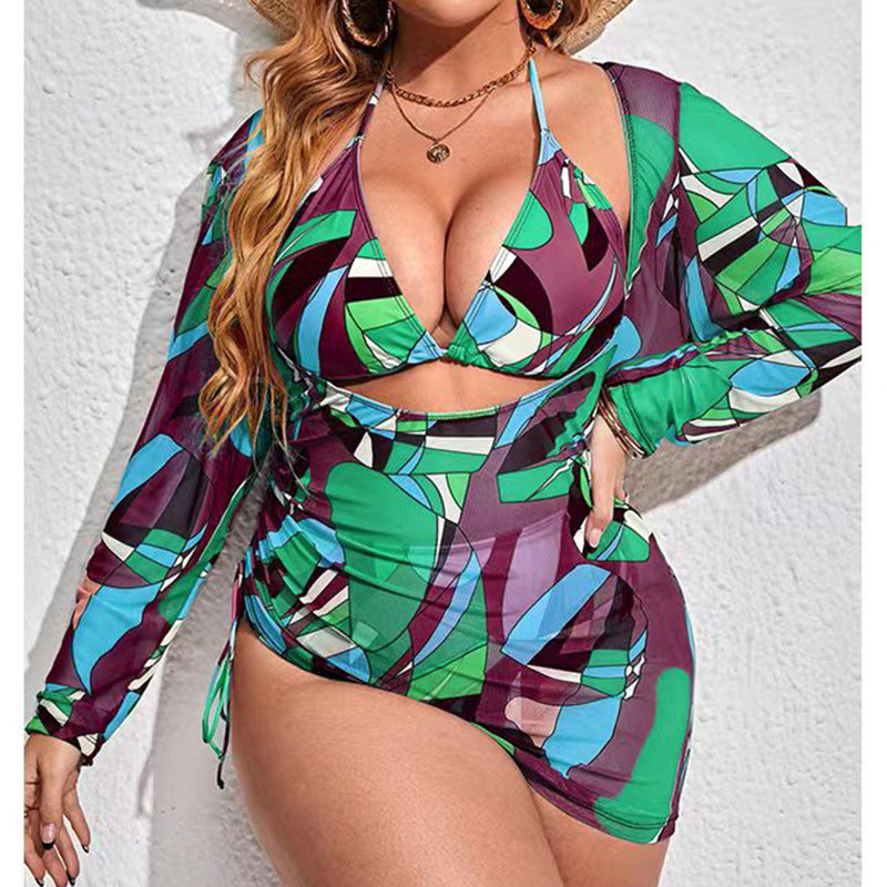 3-Piece Women's Bikini Set with Long Sleeve Cover-Up