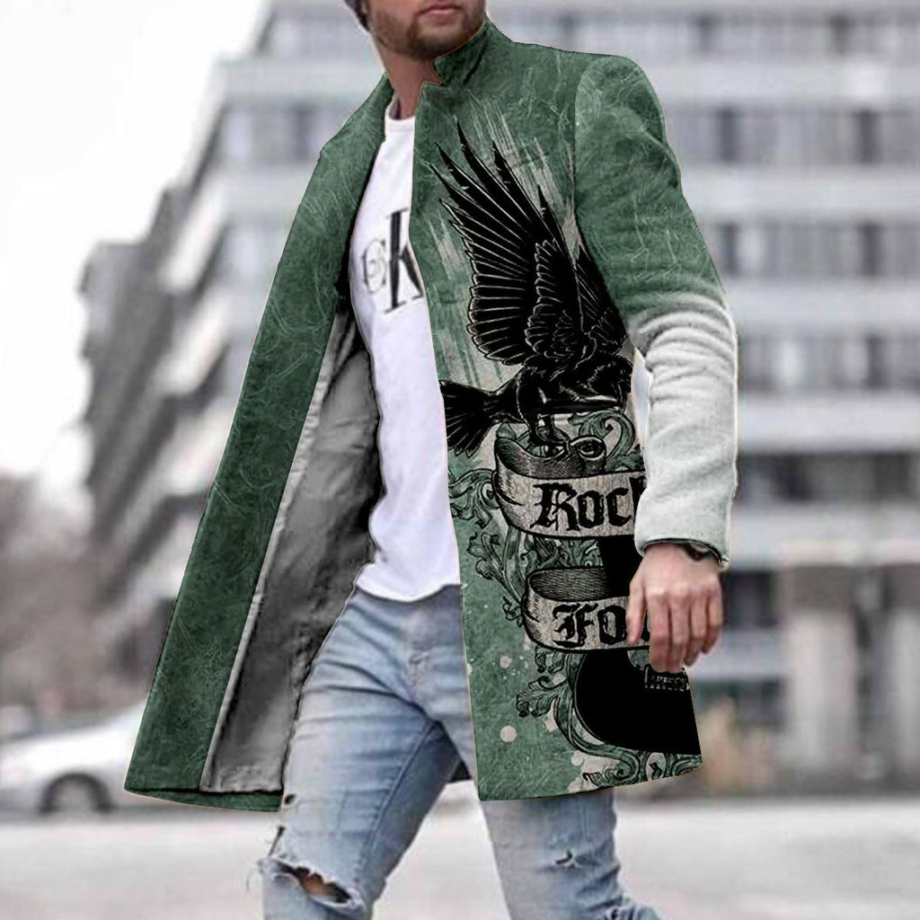 Men's Woolen Coat with 3D Digital Print and Lapels