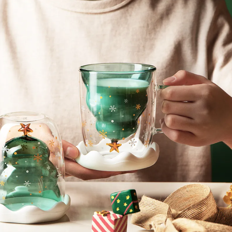 Double Heat Resistant Glass Coffee Cup Christmas Tree With Handle And Lid Milk Water Cup Cute Household Breakfast Whiskey Mug