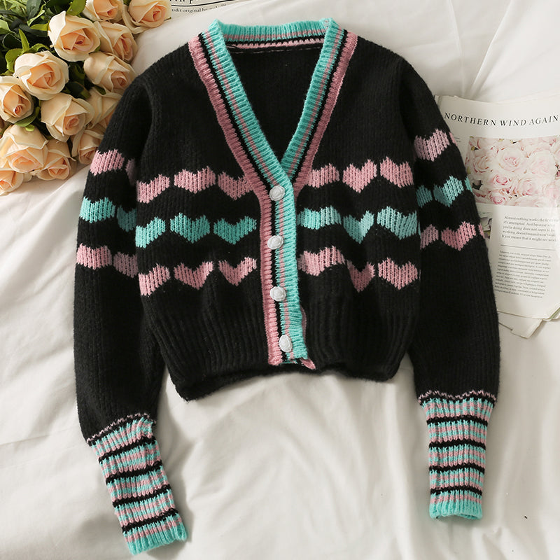Heart-Shaped Print Slim Knit Sweater for Women