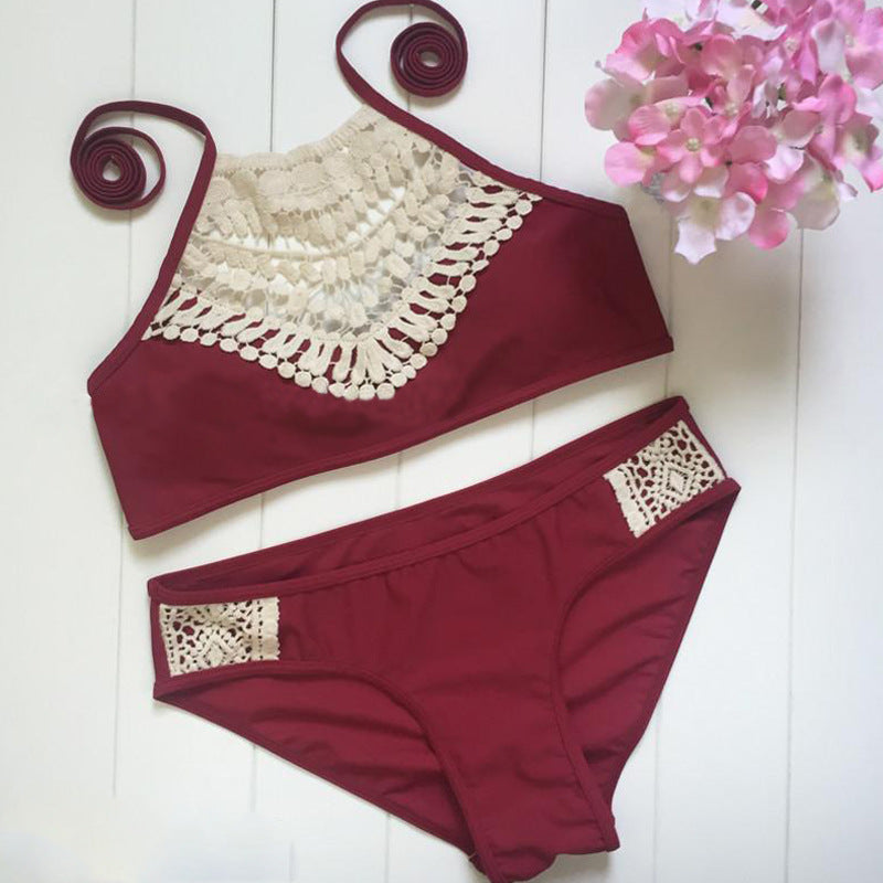 Solid Color Bikini Set with Sexy Tie Swimwear