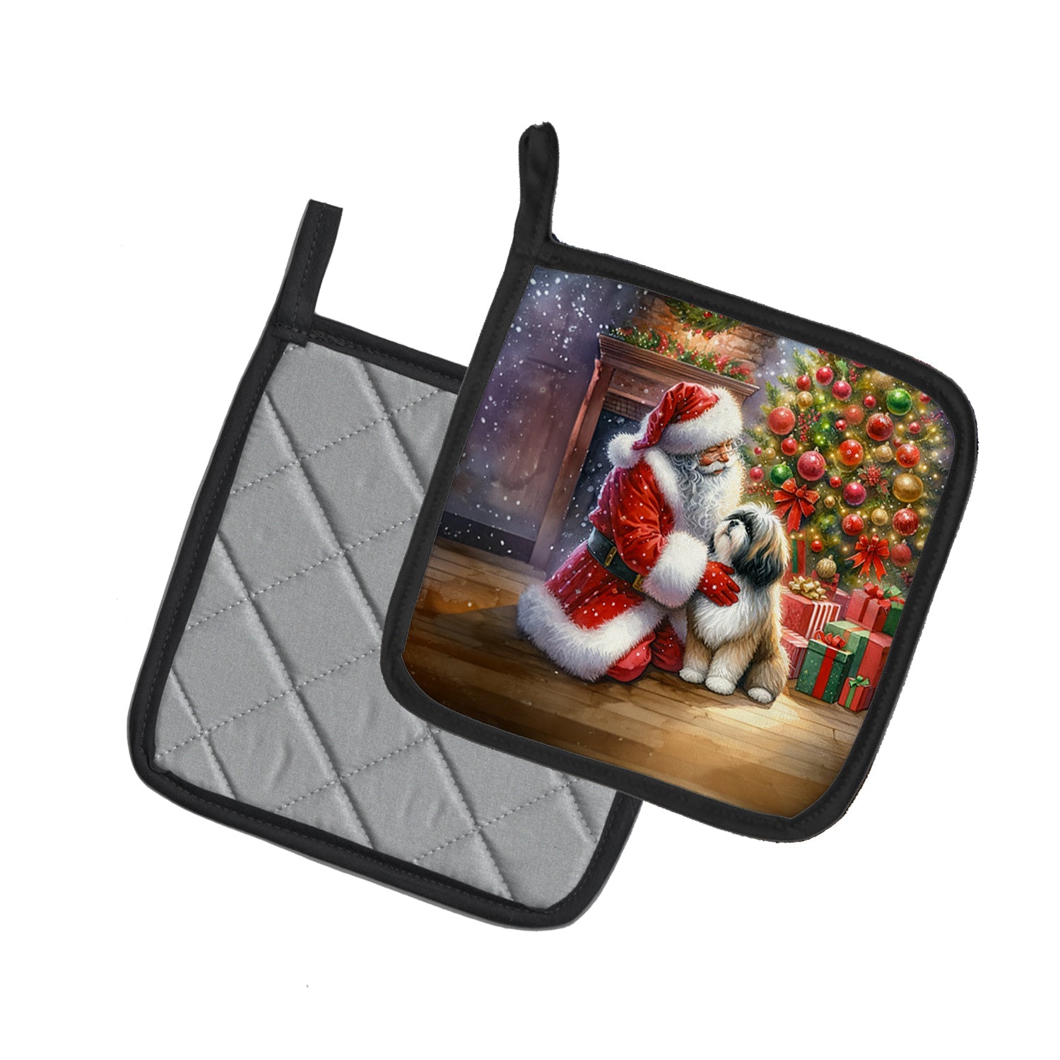 Lhasa Apso and Santa Claus Pair of Pot Holders