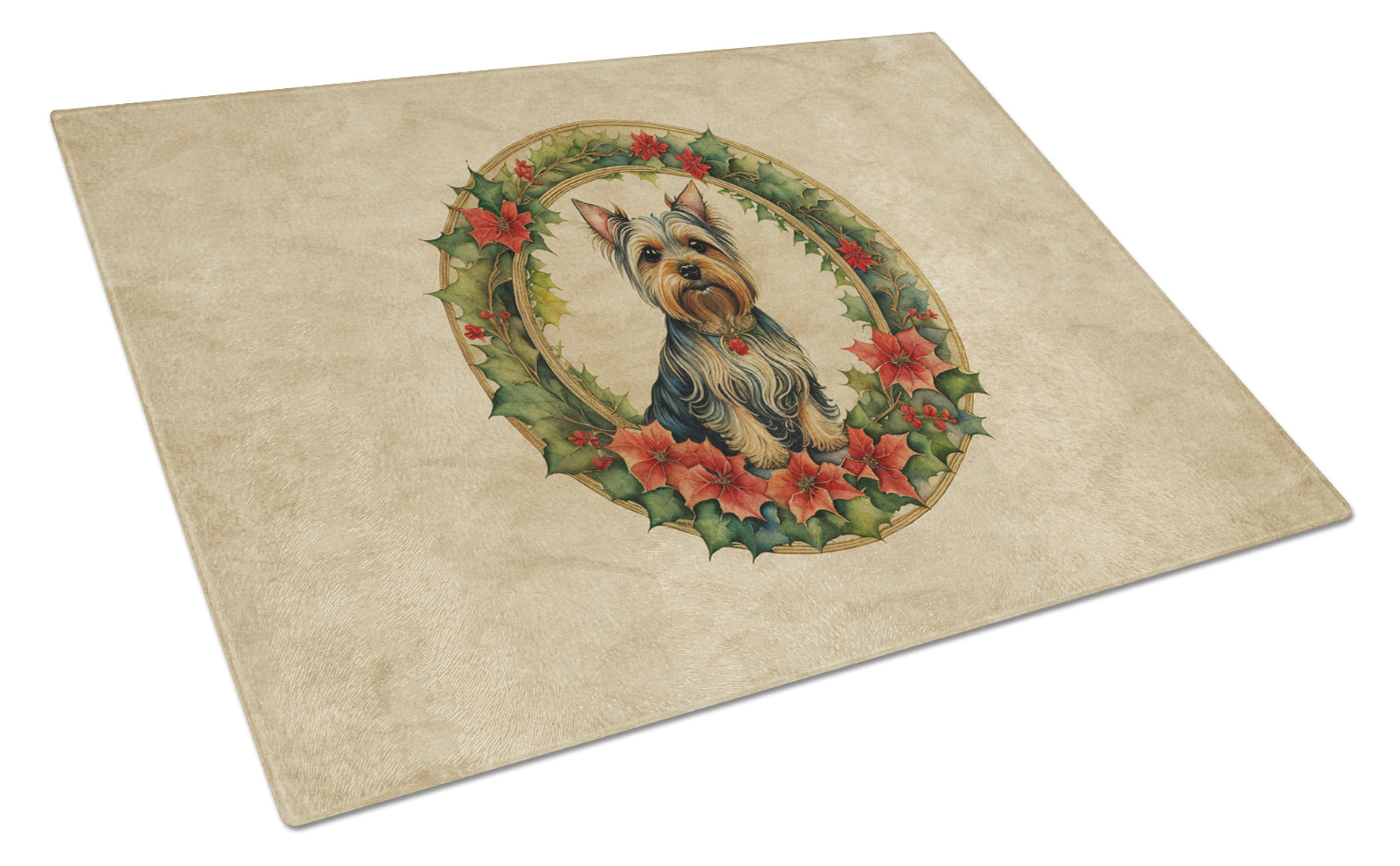Silky Terrier Christmas Flowers Glass Cutting Board