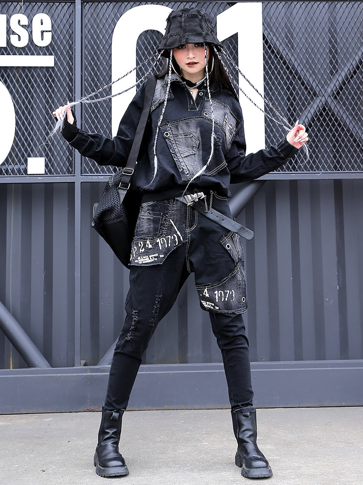Fashion Personalized Denim Coat and Harem Pants Set