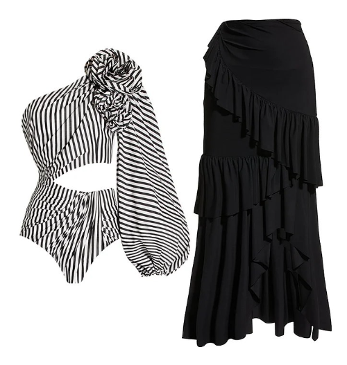 One-Piece Swimsuit and Pleated Maxi Skirt Set (One Set)