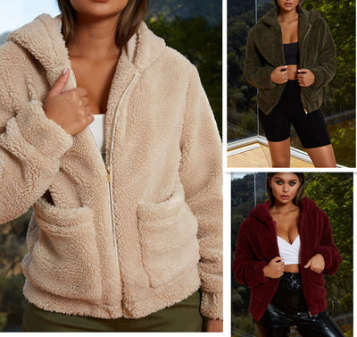 Women's Hooded Long Sleeve Plush Zipper Jacket