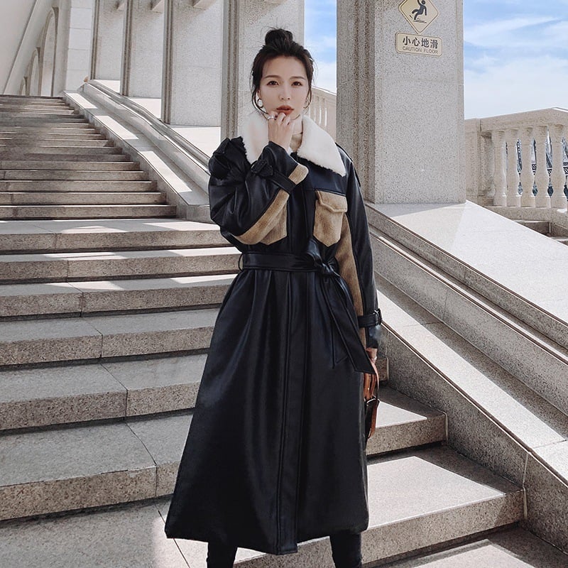 Women's Medium Long Thickened Cotton Leather Coat