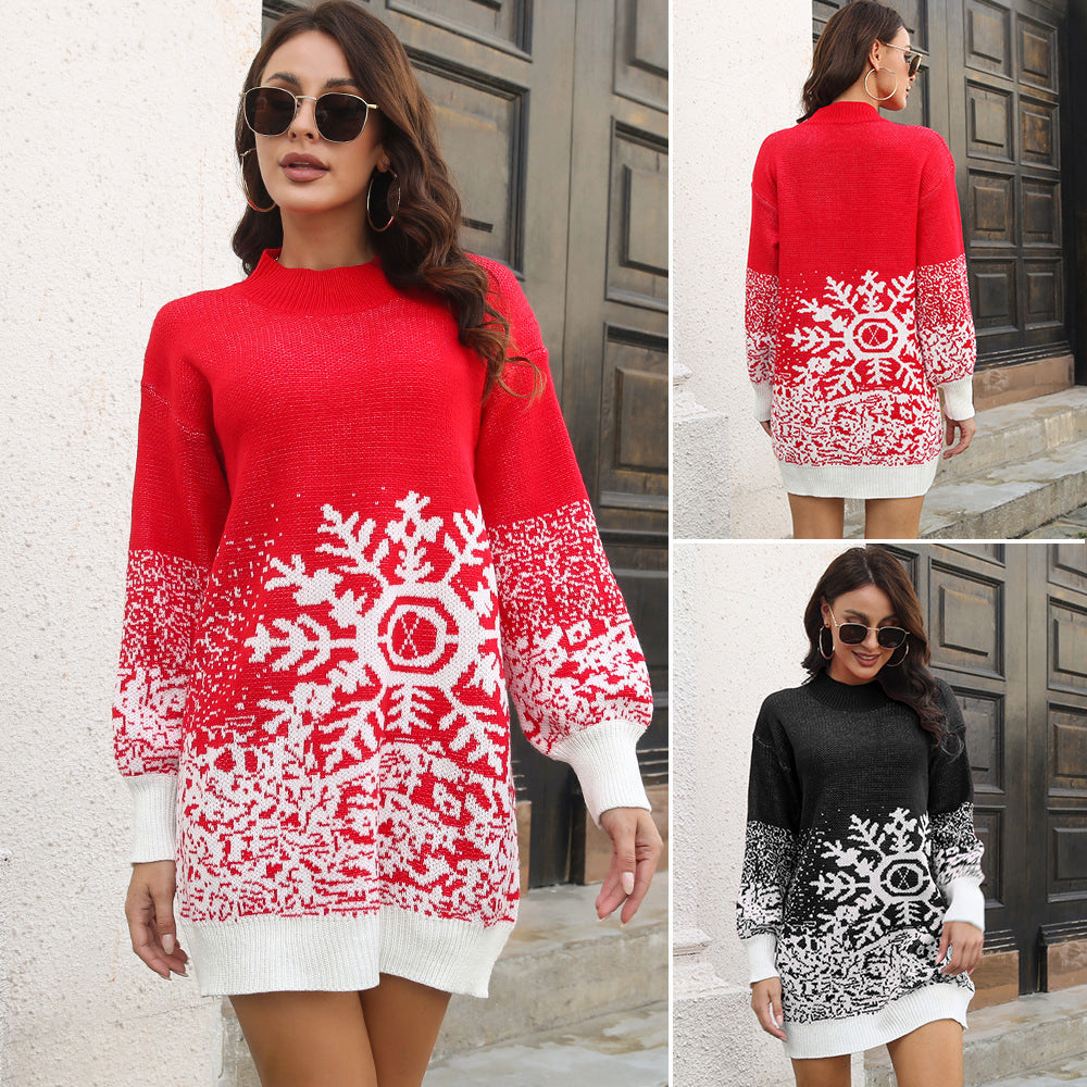 Christmas Sweater Dress with Lantern Sleeves for Women