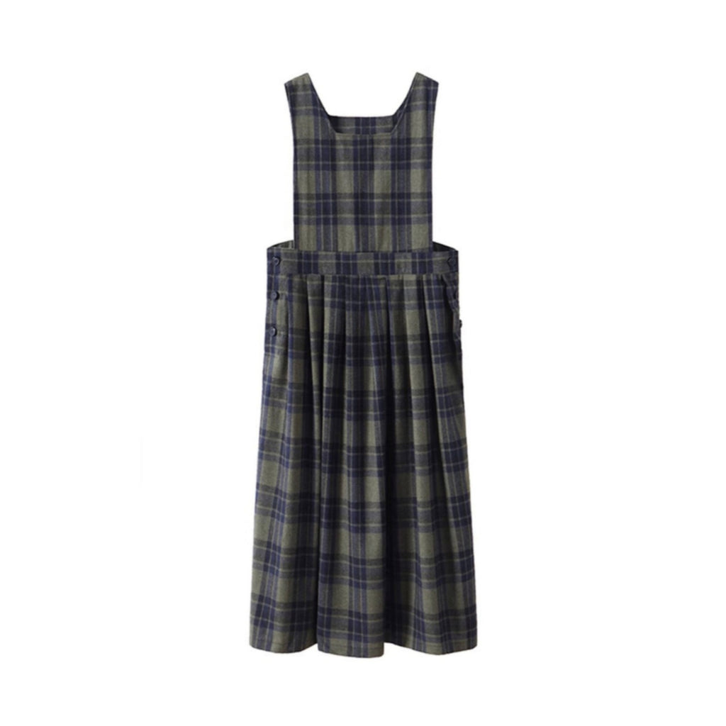 Vintage Green Plaid Wool Back Strap Matte Dress