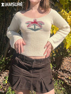 IAMSURE Vintage Basic Slim Printed Cropped Sweater
