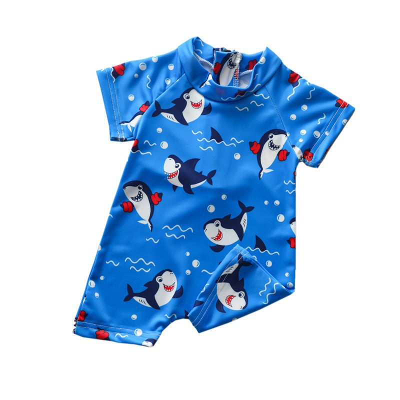 Baby Blue Ocean Shark Short Sleeve Swimsuit with Zipper