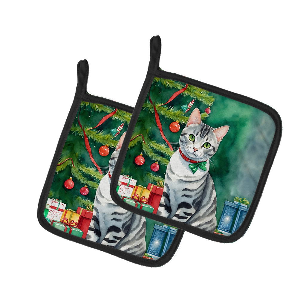 American Shorthair Cat By the Christmas Tree Pair of Pot Holders