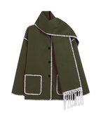 Woolen Long Sleeve Jacket with Scarf - Loose Fit