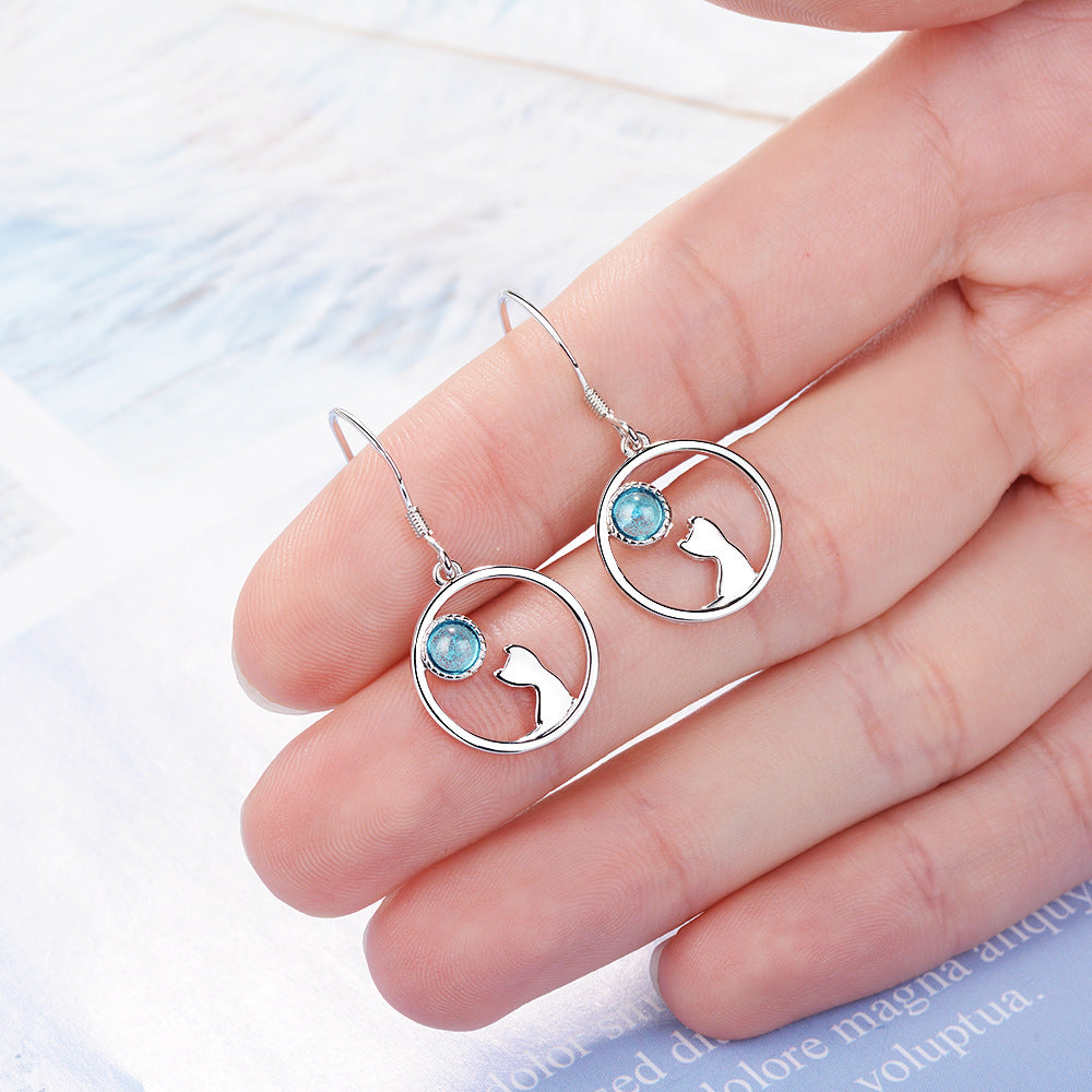 Cat-Inspired Earrings with Synthetic Moonstone Design