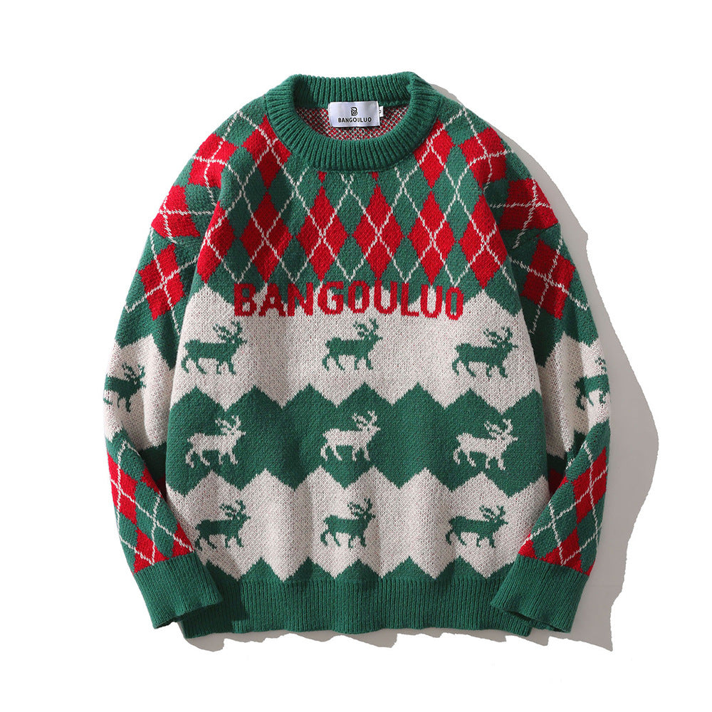 Long Sleeve Knitted Sweater with Plaid Deer Design