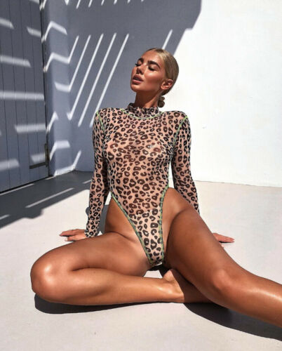 Women's Leopard Print High-Neck Mesh Bodysuit