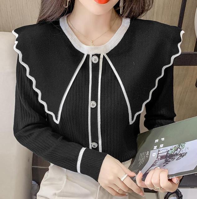 Chic Contrast Color Peter Pan Collar Knit Sweater for Women
