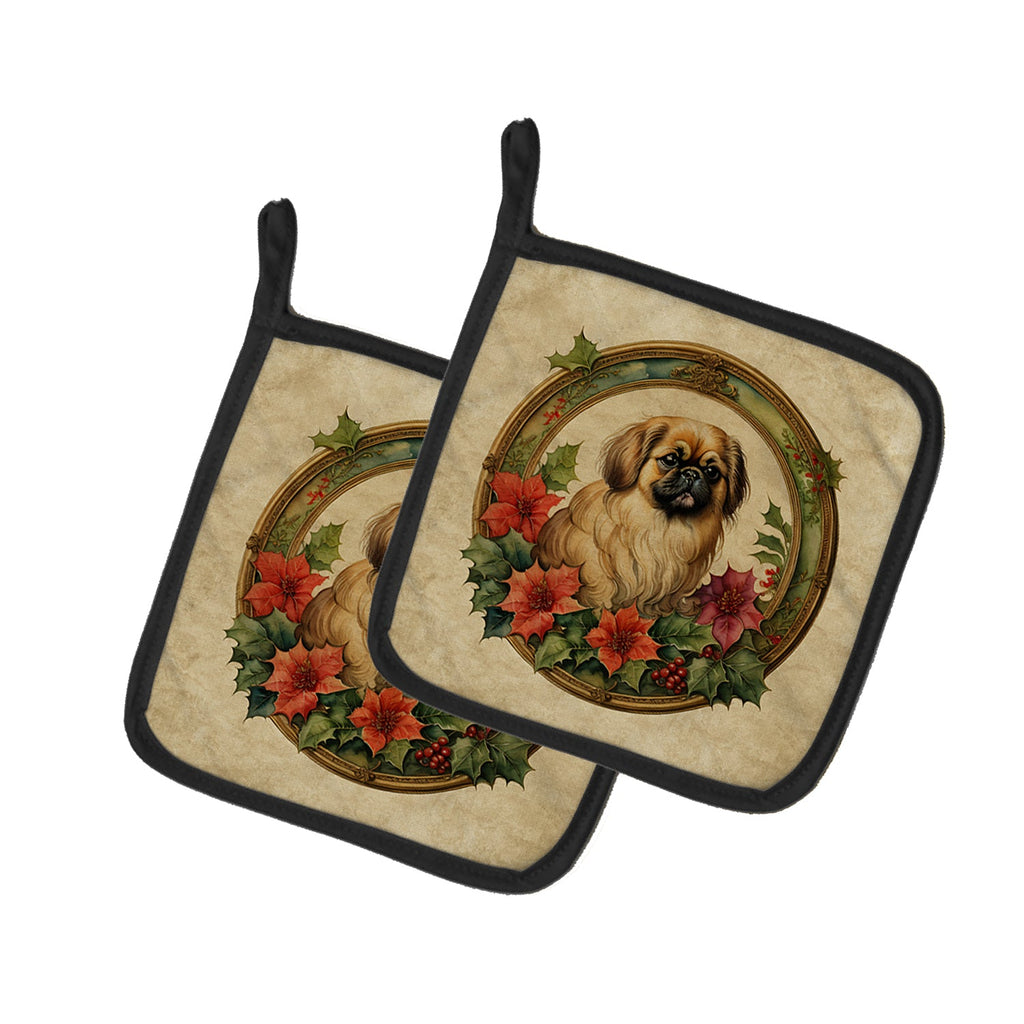 Pekingese Christmas Flowers Pair of Pot Holders